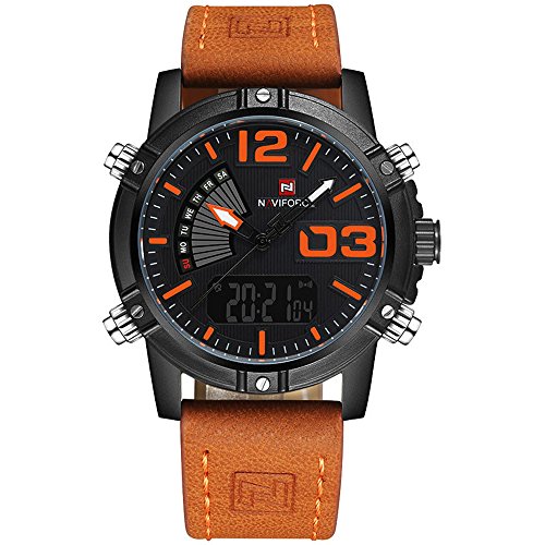 NAVIFORCE 9095 (Orange) Men s Sports Waterproof Leather Strap Good Quality Week Quartz LED Watch