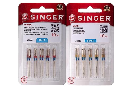 Singer 20 Counts :10-Pack Universal 2020 Sewing Machine Needles, Size 90/14 and Singer 10-Pack Stretch 2045 Sewing Machine Needles