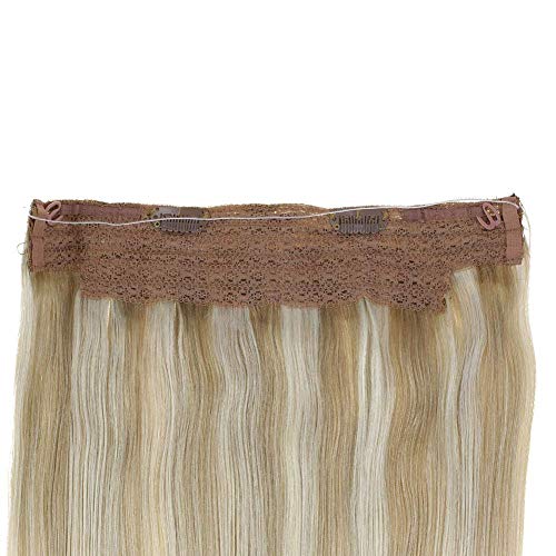 LaaVoo 12" Adjustable Invisible Wire Halo Hair Extensions Balayage Ash Blonde to Light Blonde and Platinum Blonde Remy Flip Human Hair 80 Grams 11inch Width (#18/22/60) - Thumbnail 4