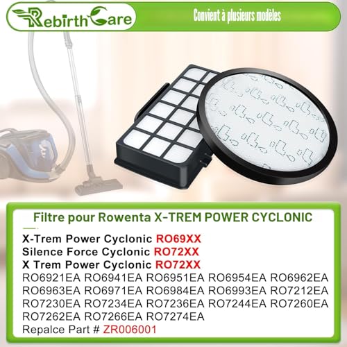 Rebirthcare ZR006001 Vacuum Cleaner Filters for Rowenta X-Trem Power Cyclonic/Silence Force Cyclonic RO69xx RO72xx RO6924EA RO6931EA RO7266EA RO7260EA RO7212EA Filter Accessories