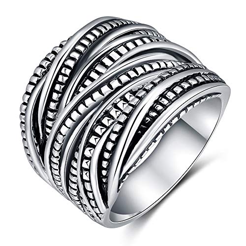 Shefashion Women's Vintage Oxidized Silver Layered Statement Rings Wide Band Rings, 15mm Width,Size 10