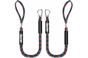 Noox USA Boat Bungee Dock Lines, Boating Gifts for Men, Boat Accessories, Mooring Lines for Bass Boat, Bungee Dock Line with Stainless Clip at one Side, 4 Feet (Pack of 2) (Black, Blue and Red)