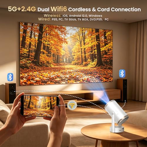 Projector HD, 1080P 4K Support Mini Projectors Auto Focus & Keystone 22000 Lumen 260 ANSI Bightness WIFI 6 & Bluetooth 3 Mount Way 180° Rotatable 30-200" Theatre for Match Game/Bedroom/Outdoor