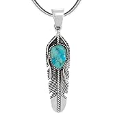 Feather Turquoise Pendant Necklace 20" Sterling Silver 925 Genuine Gemstones (Choose Color)