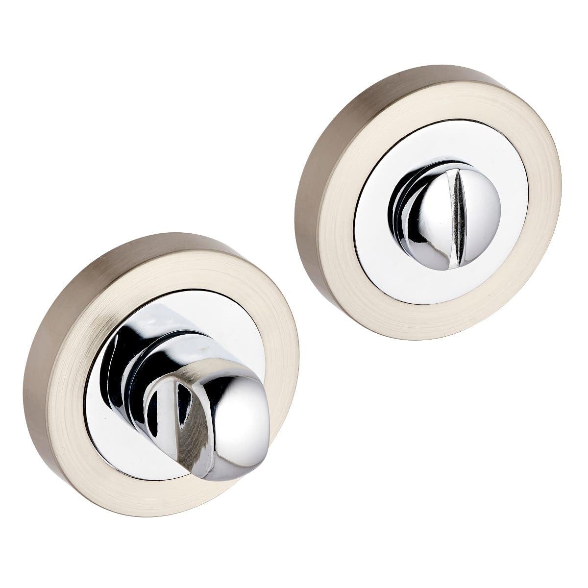 Designer Levers - Bathroom Toilet WC Door -Thumbturn Twist & Release Lock - Dual Finish Polished and Brushed Nickel - Screw On Rose - Set