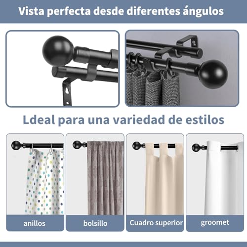 Barra de Cortina Doble Telescópica de Metal,Cortinero Doble (36 a 120”),Tubo Cortina Doble Negro,cortineros dobles para cortinas,Ventana con Soporte,para casa, Armario