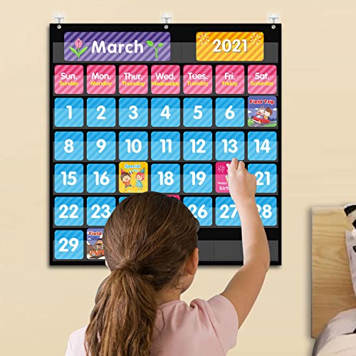 REGELETO Black Calendar Pocket Chart for Classroom with 85 Cards and 3 Hooks, Monthly Calendar