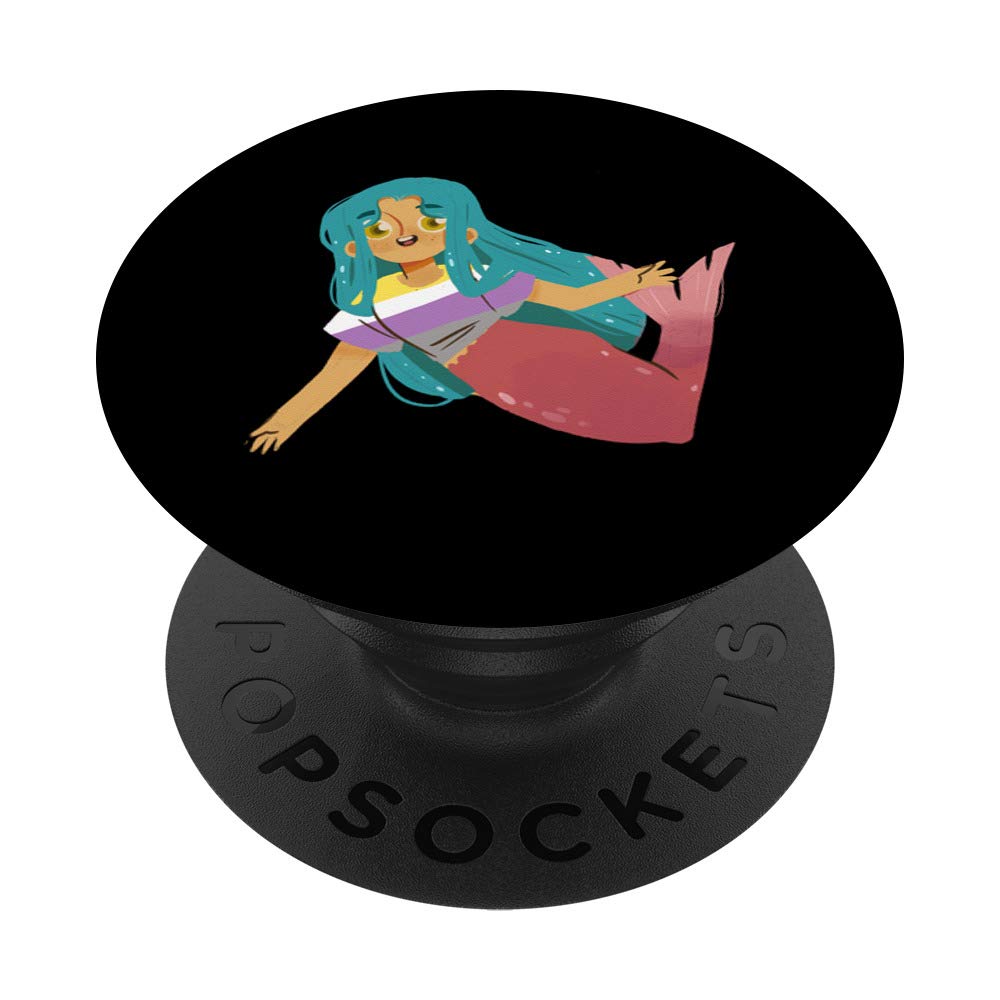 Non-Binary Mermaid Cute Funny LGBTQIA Aesthetic Pride Flag PopSockets Grip and Stand for Phones and Tablets