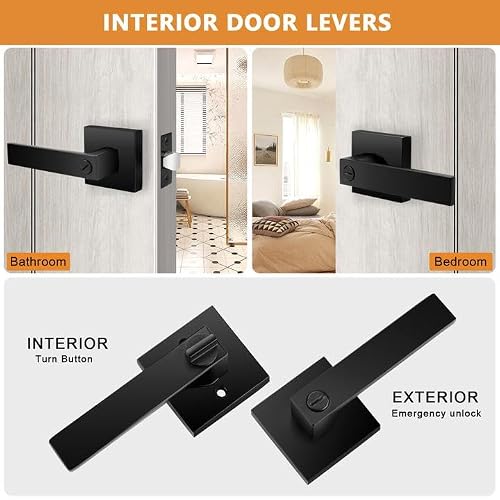 Probrico 3-Pack Privacy Door Lock – Matte Black Interior Door Lever With Handle, Reversible, ANSI Grade 3, Fits 1-3/8" To 1-3/4" Doors, For Bedroom & Bathroom (No Keys)
