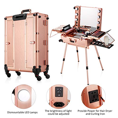 Ovonni LED Makeup Train Case, Lighted Rolling Travel Portable Cosmetic Organizer Box with Mirror & 4 Detachable Wheels, Professional Artist Trolley Studio Free Standing Workstation, Rose Gold