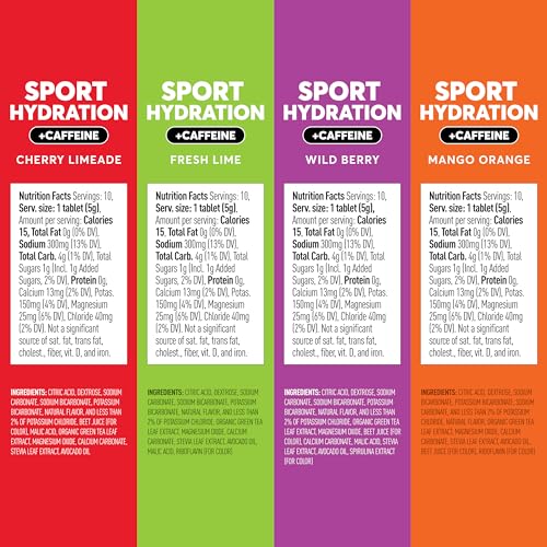 NUUN SPORT ELECTROLYTE TABLETS WITH CAFFEINE FROM GREEN TEA EXTRACT, MAGNESIUM, CALCIUM, POTASSIUM, CHLORIDE & SODIUM, GLUTEN FREE & VEGAN, MIXED FLAVORS, 4 PACK (40 SERVINGS TOTAL)