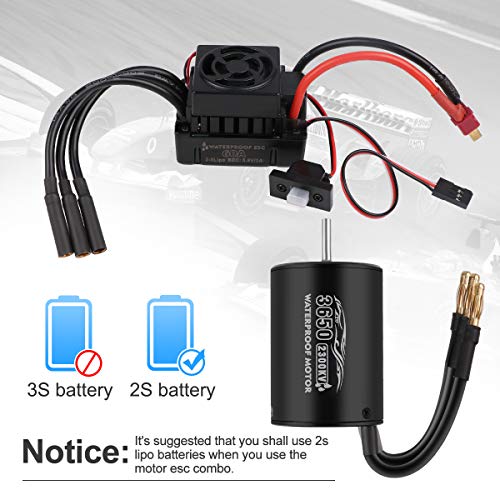Innovateking 3650 2300KV Sensorless Brushless Motor 3.175mm and 60A Waterproof Brushless ESC Motor Electrical Speed Controller Combo for 1/10 RC Car