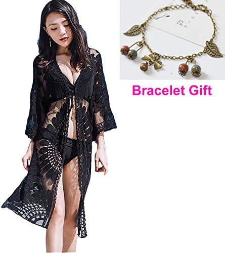 Free Rose Women Crochet Dress Swimsuit Cover Up Beach Cardigan Long Lace Kimono