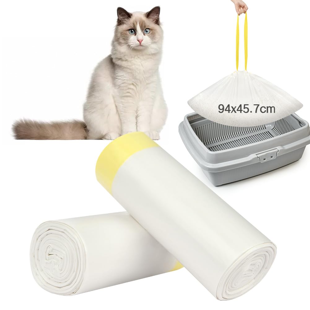 Adiwo 20 Pcs Cat Litter Tray Liners, 94 X 45.7cm Large Durable Cat Litter Box Waste Bags with Drawstring, Liquid-Resistant and Piodegradable for Pet Cat Litter Box Liners