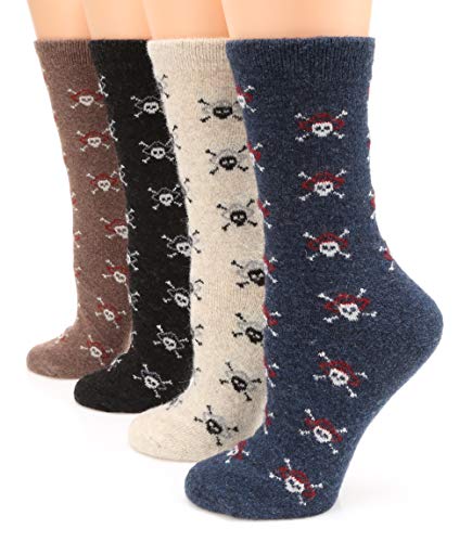 MIRMARU Womenâ€™s 4 Pairs Wool Blend Thick Soft Knitted Warm Cozy Fashion Novelty Casual Crew Socks (18, Skulls)