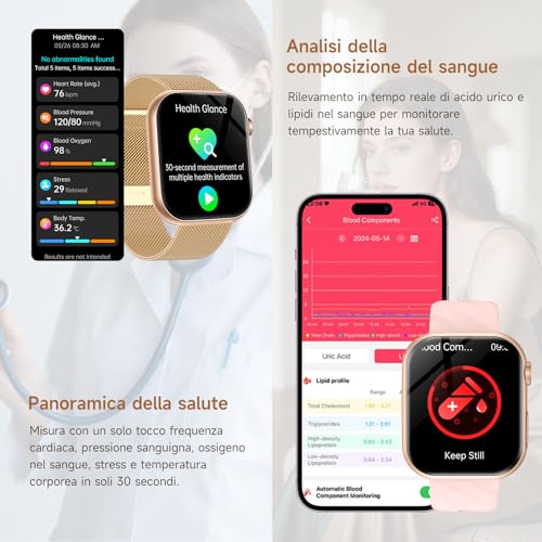 2026 Smartwatch Donna con ECG/HRV/Acido Urico/Sonno/Temperatura Corporea/Cardiofrequenzimetro/BMI/SPO2/Lipidi,1,97"AMOLED 24H Pressione Sanguigna Orologio Fitness Elegante con Chiamate,Pulsante SOS