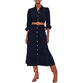 YEXPINE Women's Corduroy Maxi Dress Long Sleeve Cord Button Down Fall Shirt Long Dress with Belt
