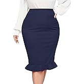unewmy Plus Size Midi Pencil Skirt for Curvy Women - Stretch Office Fishtail Skirt Peplum Cocktail Party Skirts High Waist