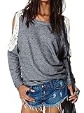 Choies Women's Cotton Gray Cold Shoulder Crochet Lace Sleeve T-shirt