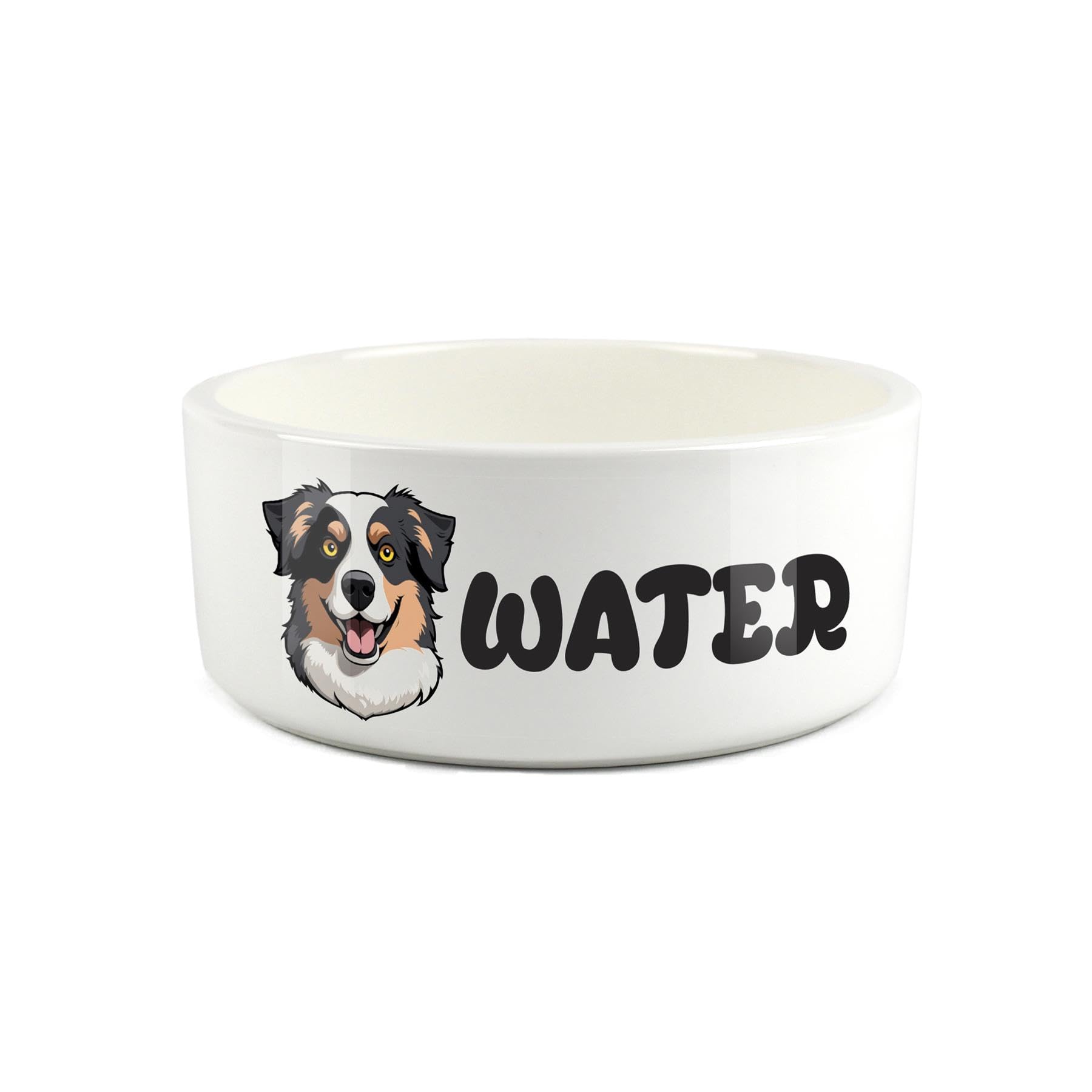 Australian Shepherd Pet Bowl - Cartoon Dog Portrait Large Ceramic Water Bowl - Novelty White Water Dish For Dogs