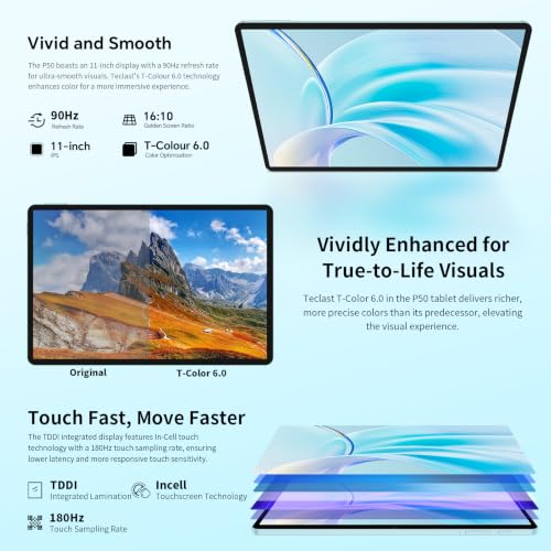 TECLAST P50 Tablet 11 Inch 90Hz Tablets Android 16, T7250 2GHz Octa-Core, 32GB RAM+128GB ROM(TF 6TB), 8000mAh, Dual SIM 4G LTE +5G WiFi, Widevine L1/13MP/GPS/OTG, Gemini AI Tablet with Pen+Case