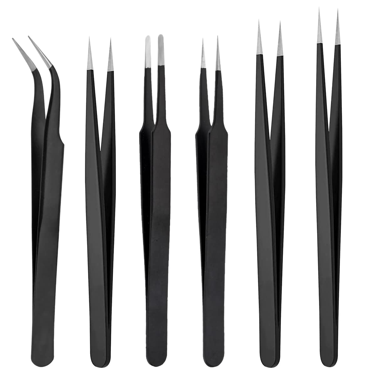 6-Piece Professional Stainless Steel Tweezer Set - Precision Eyebrow & Facial Hair Removal Kit for Women and Men, Black Slant-Tip Plucking Tweezers with Case
