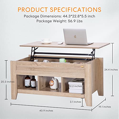 VIVOHOME Lift Top Coffee Table, Dining Table with Hidden and 3 Open