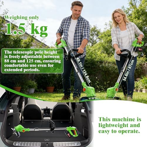 Desbrozadora a Batería 3 en 1, Desbrozadora Electrica con Disco Desbrozadora, Cortabordes Electrico Telescópico Ajustable, Ligero 1,5 kg con 2 Baterías 2,0Ah para Céspedes y Jardín