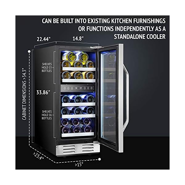 Ivation-29-Bottle-Dual-Zone-15-Built-In-Compressor-Wine-CoolerCellar-Undercounter-Wine-Fridge-Temperature-Control-40-50F50-66F-Refrigerator-Quiet-Operation-LED-Light-Glass-Stainless-Steel