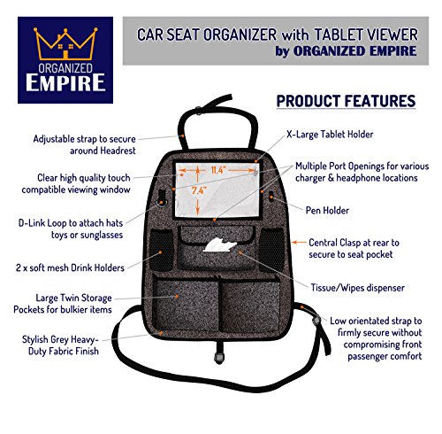Backseat Car Organizer for Kids Toys & Baby Wipes with X-Large iPad Tablet Holder + BONUS HOOK, Luxury durable fabric, plenty of storage, firm fit, easy to install, kick mat protector for back of seat
