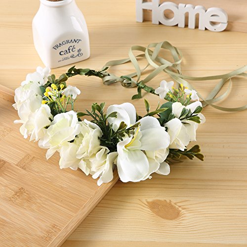 Felice Arts Handmade Boho Flower Headband Hair Wreath Halo Floral Garland Crown Headpiece with Adjustable Ribbon Festival Wedding Party, Cream