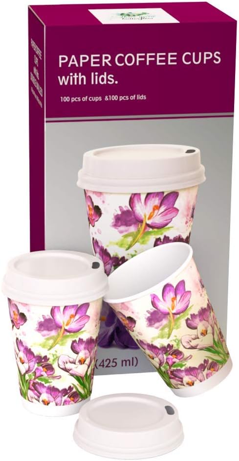 (100 Count) 12 OZ Disposable Double Walled Hot Paper Coffee Cups With Lids-No Sleeves Needed Insulated for Hot Cold Beverage Drinks: Kitchen & Dining