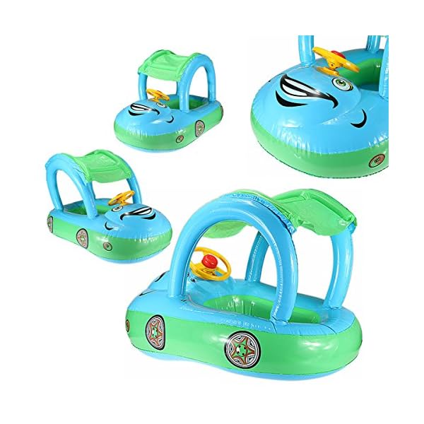 SUPOW-Baby-Swim-Float-Seat-Rose-Red-Cartoon-Car-Shaped-Boat-Pool-Ring-Seat-With-Sunshade-Canopy-For-Kids-Baby-Child-Toddler-Infant