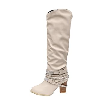 Blockabsatz Winterstiefel Damen,Elecenty Frauen Mit Strass Stiefel Hoch Absatz Stiefeletten Gürtelschnalle Lederstiefel Boots