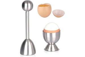 Egg Topper and Cracker with Egg Cups for Soft Boiled Eggs, Stainless Steel Shell Remover Separator Kitchen Tool (A)