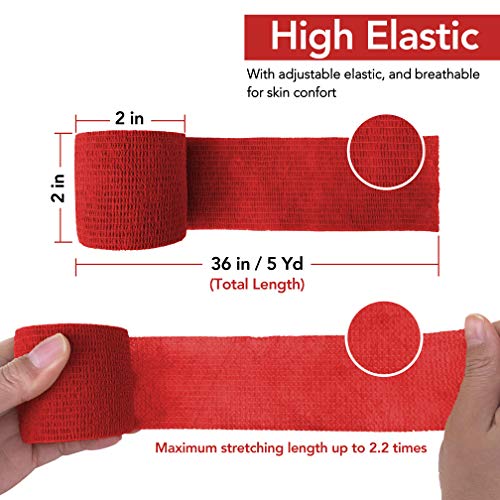 Cohesive Bandage 2" x 5 Yards, 6 Rolls, Self Adherent Wrap Medical Tape, Adhesive Flexible Breathable First Aid Gauze Ideal for Stretch Athletic, Ankle Sprains, Swelling, Sports, Human, Animal, Red