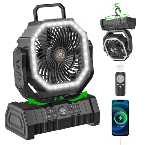 Rechargeable Camping Fan with LED Lantern, 20000mAh Auto-Oscillating Battery Operated Desk Fan with Remote&Hook, 8” Portable Fan for Picnic Fishing RV Jobsite Workshop Power Outages Hurricane(Black)
