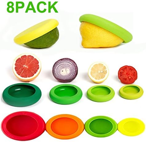 Kitchen Flexible Silicone Vegetable Fruit Savers Storage Cover Containers Set Reusable Silicone Avocado Savers Food Stretch Lids, Food Caps for Jars and Cans BPA-Free （8 Pack ）