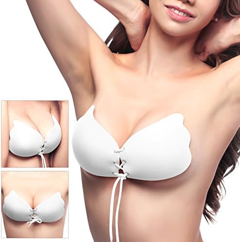SAWMONG Backless Strapless Bra, Self Adhesive Sticky Silicone Invisible Push up Bra with Drawstring, White, Cup C