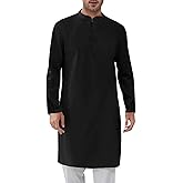 Runcati Mens Kaftan Thobe Button Down Henley Shirts Robe Long Sleeve Casual Cotton Linen Muslim Gown Shirt