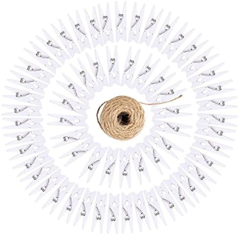 Hapdoo Set of 120 White Wooden Clothespins Clothes Pegs with Spring - Mini Photo Clips Paper Pegs Craft Pin with 132 Feet Jute Twine