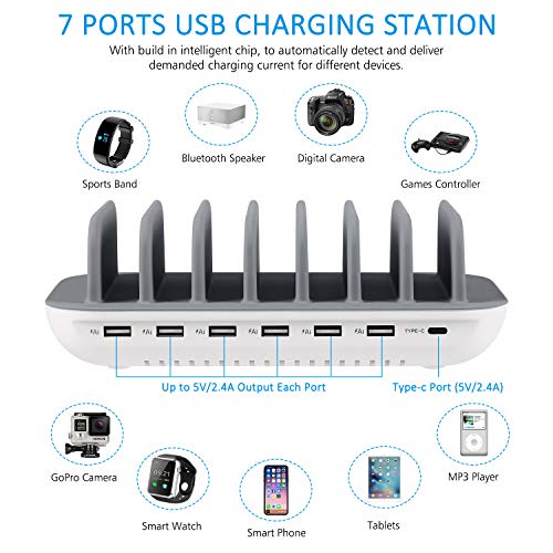 PRITEK Charging Station for Multiple Devices 60W/12A 7 Ports Desktop Charger Station with 6 Ai USB P - //coolthings.us