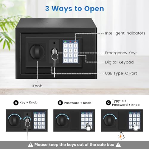 Mini Safe Box, 0.55 Cuft Home Safe with Fireproof Waterproof Bag, Anti-Theft Digital Security Lock Box with Smart Alert System, Mute Function, Personal Safes Box for Money Jewelry