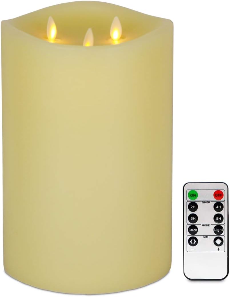 AGLARY LED Flameless 6”x 9” Pillar Candles,Vanilla Scent 3 Moving Wick Electric Candles with Remote Control, Timer Function, Ivory