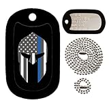 Military Dog Tags - Custom Embossed Dog Tag Set - SPARTAN HELMET BLUE LINE FLAG- Tag-Z