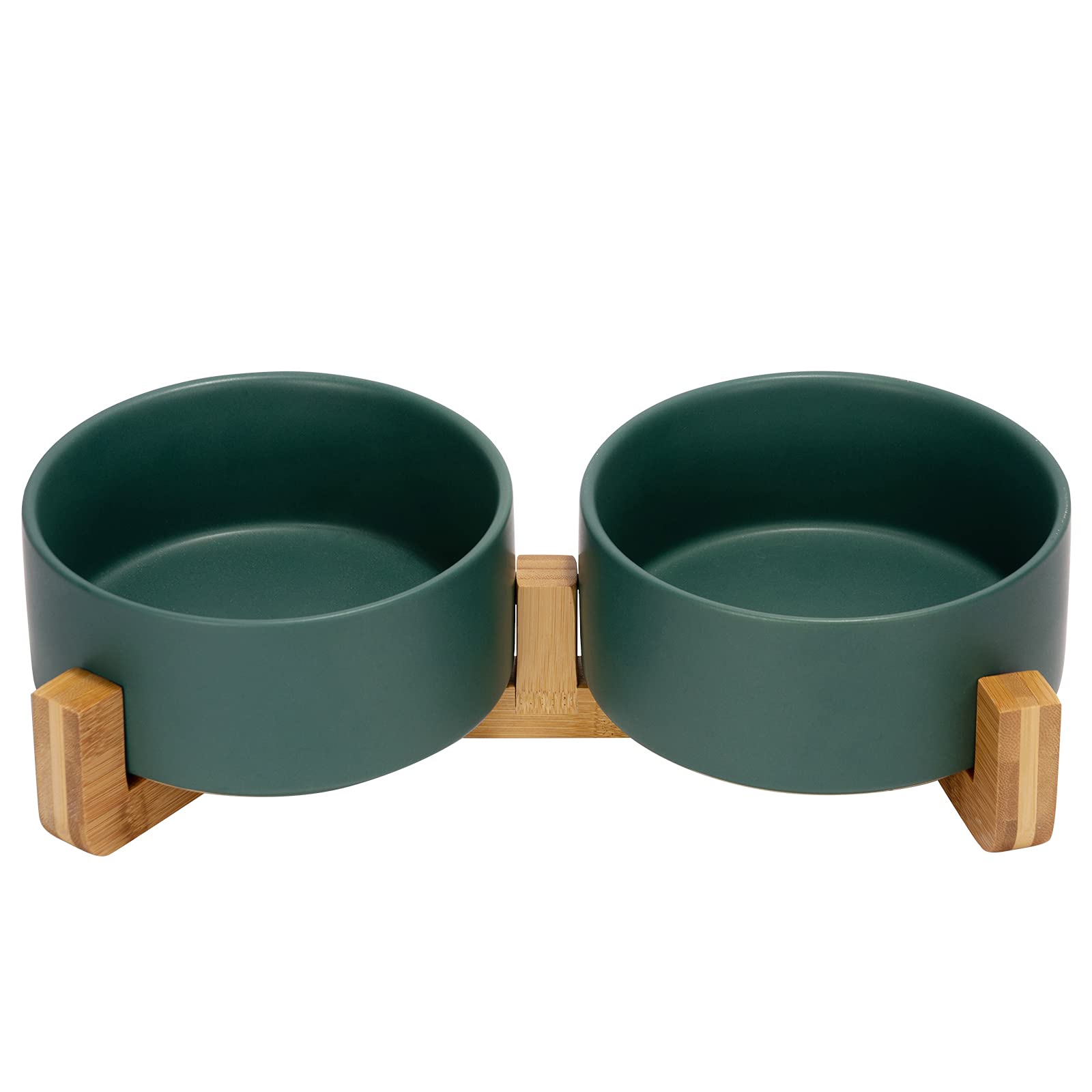 Photo 1 of SPUNKYJUNKY Ceramic Dog and Cat Bowl Set with Wooden Stand, Modern Cute Weighted Food Water Set for Large Size Dogs (7.6 Cups, 2 × Green)