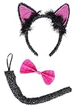 Costume Accessories - Fuzzy Black Cat Ear Headband, Magenta Glitter Bow Tie, and Tail Set