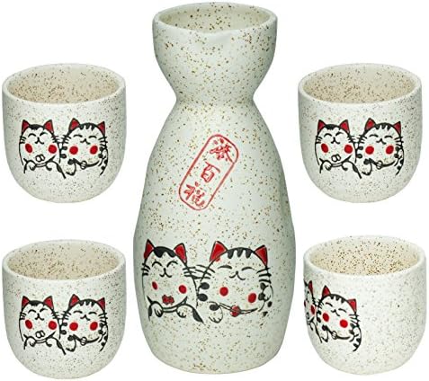 Japanese Sake Set, bottle "Tokkuri" and cup "Ochoko" (Cat design, porcelain (set of 5))