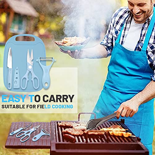 shijie Mini Travel Cutting Board Set, 4 Pcs Mini Camping Plastic Cutting Board & Knife, Fruits & Vegetable Peeler Scissors, Portable Stainless Steel Picnic Small Cutting Board Set (Blue) (4-1CB)
