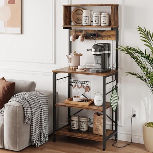 YKSLZ Estante para Cocina de 5 Niveles, Estantes Organizadores con Enchufes y 6 Ganchos，Estante de Microondas, Mueble Multiusos de Cocina, Sala, Oficina, Industrial, café rústico y Negro